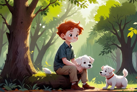 A boy with curly red hair sits on a log in a forest, smiling at two small, white puppies playing around him. Sunlight filters through the tree leaves, creating a warm atmosphere - Generative AI