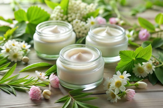 Open jar of natural organic face cream and meadow wild flowers on wooden table. Herbal cosmetic skin care product, eco beauty concept. Ai generated image
