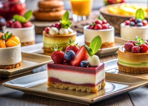Assorted sweet dessert food on wooden background. Cheesecakes with berries. Ai generated image