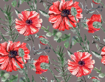 Seamless pattern with red poppies on a brown background. Watercolor botanical pattern for summer textile and surface design