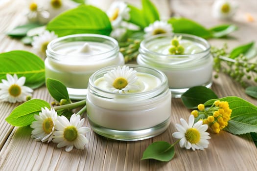 Open jar of natural organic face cream and chamomile daisy flowers on wooden table. Herbal cosmetic skin care product, eco beauty concept. Ai generated image