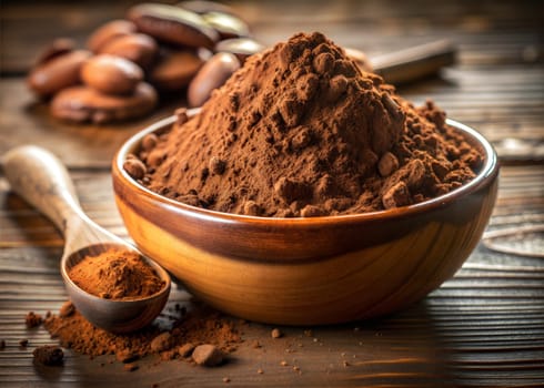 Cocoa powder bowl with wooden spoon and cocoa beans on wooden background. Ai generated image