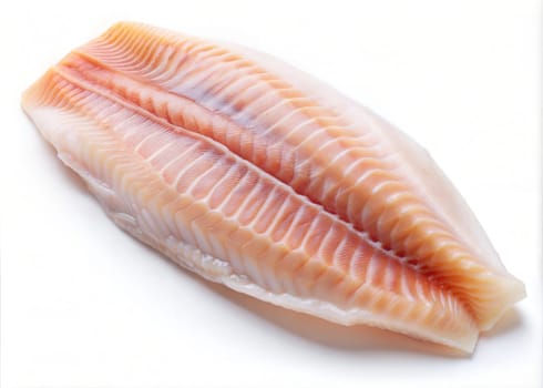 Raw frozen tilapia fish or sea bass fillet isolated on a white background. Ai generated image