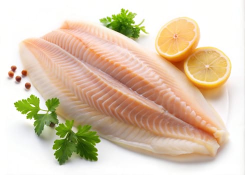Raw tilapia fish or sea bass fillet with lemon, parsley and pepper isolated on a white background. Ai generated image