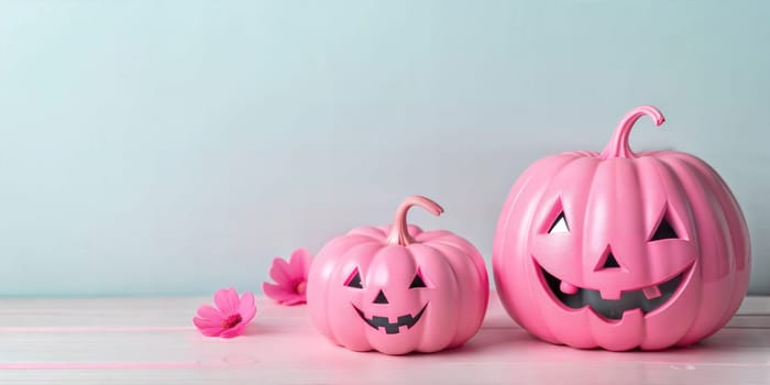 Autumn decor pink pumpkins and flowers on light blue background. Copy space. Ai generated image