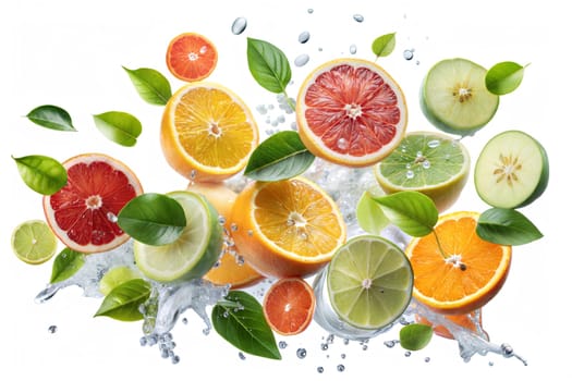 Citrus fruits with splashing water and green leaves isolated on white background. Ai generated image