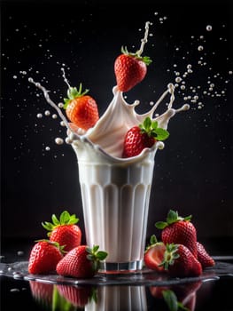 Glass of tasty strawberry milkshake with splashes and strawberries on black background. ai generated image