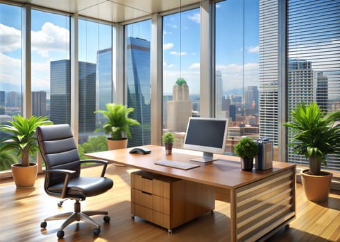 office room Interior architecture design. Modern office with big desk and city view. Ai generated image