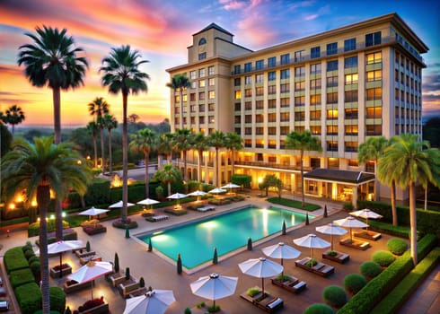 Luxury hotel with pool exterior view. Ai generated image