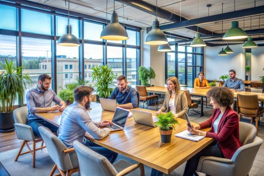 Modern Office Meeting Room or co-working room Multi Ethnic and Diverse Team Sitting and working with laptops. Ai generated image
