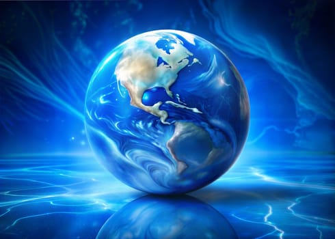 Planet Earth globe on blue background. Concept of ecology, environment, Earth Day. Ai generated image