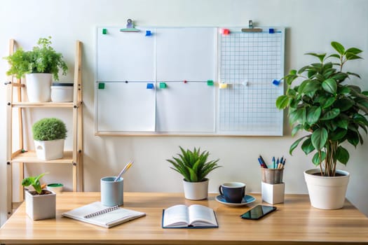 Office workspace. Office desk with house plants, calendar, planner, notebooks, smartphone and cup. Ai generated image