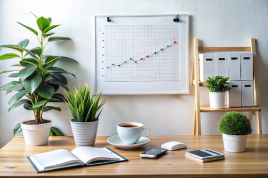 Office workspace. Office desk with house plants, calendar, planner, notebook, calculator and cup of coffee. Ai generated image