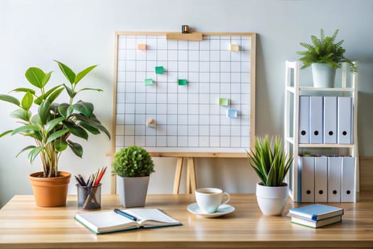 Office workspace. Office desk with house plants, calendar, planner, notebook, books and cup of coffee. Ai generated image