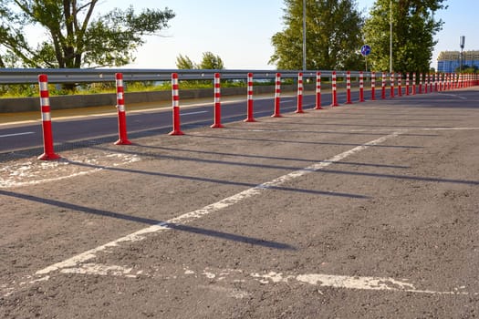 Rows of bright orange traffic cones installed on an asphalt road to delimit traffic