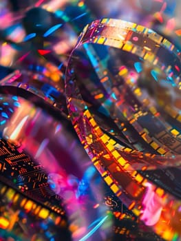 A vibrant image with reflective film circuits and neon bokeh highlights, displaying technological beauty