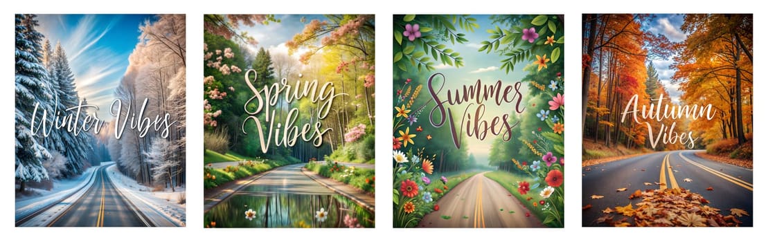Set of four seasonal postcards. Winter, spring, summer and autumn vibe postcards. Ai generated image