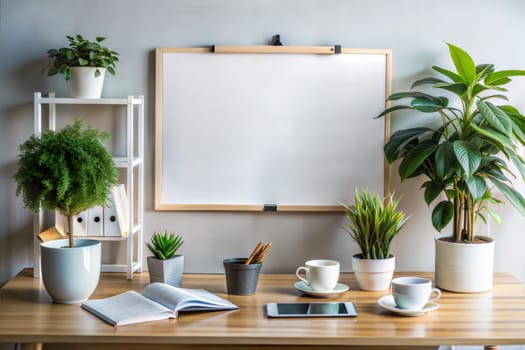 Office workspace. Office desk with house plants, calendar, planner, notebook, calculator and cup of coffee. Blank planner. mock-up of planer on the wall. Ai generated image