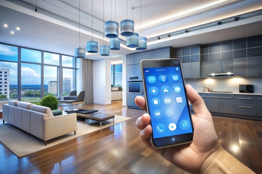Smart home technology interface on smartphone app. Screen with augmented reality view of internet of things connected objects in the apartment interior. Person is holding device. High quality photo