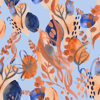 Seamless botanical pattern with gouache painted flowers and leaves flowers for textile design and autumn prints