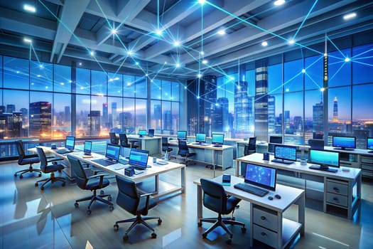 The modern open-plan office with a clean, organized layout. The workspace features rows of individual desks equipped with computers and ergonomic office chairs, separated by privacy screens. Ai generated image