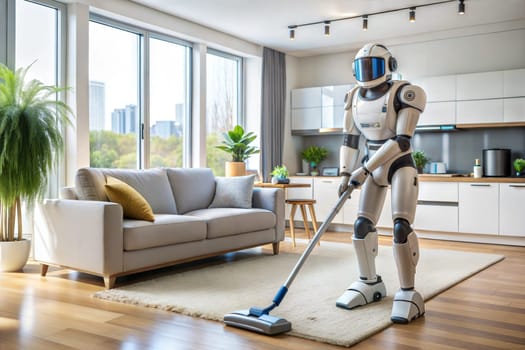 Robot houseworker cleans up the room. Cleaning service by robot with a vacuum cleaner. Smart home futuristic technology. Ai generated image