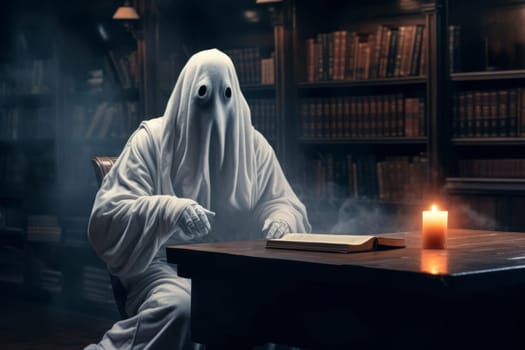 A ghost reads a book at a table in a library Halloween