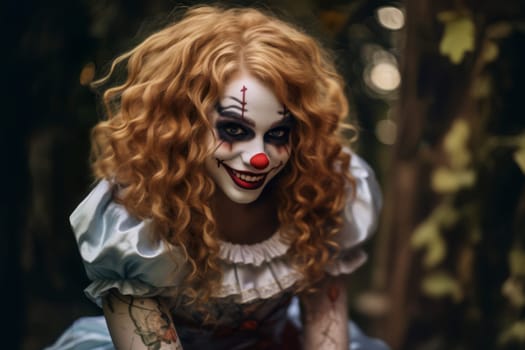 Redhead girl with clown makeup on her face Halloween