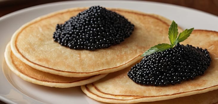 Pancakes with caviar for breakfast highlight luxury morning meal. Golden stack topped with black caviar, served on wooden plate, captures indulgent experience