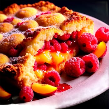 Raspberry peach cobbler golden biscuit topping syrupy fruit oozing Food and Culinary concept. Food isolated on transparent background.