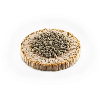 Chicken galantine with truffles sliced suspended and spinning Food and culinary concept. Food isolated on transparent background.