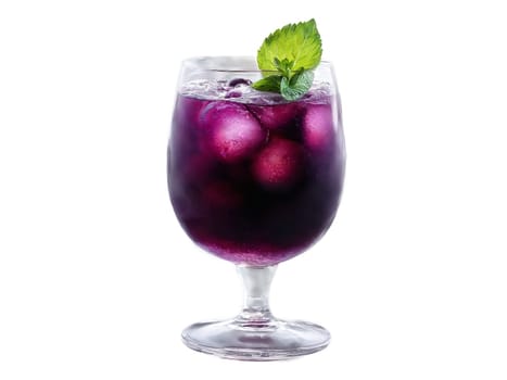 Plum soda in a dark glass plum wedges and mint leaves rich and moody purple. Drink isolated on transparent background.