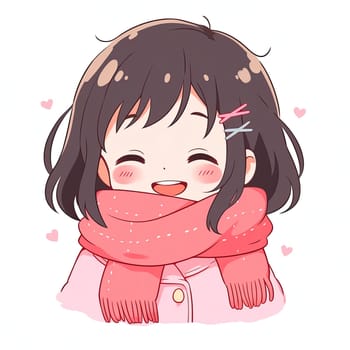 A cheerful cartoon girl with dark hair and a pink scarf beams happily, exuding warmth and joy. She is surrounded by soft, heart-shaped accents, perfect for winter cheer.