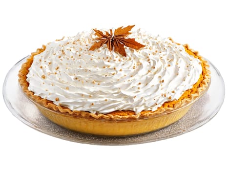 Autumn pie pumpkin with whipped cream and a sprinkle of cinnamon served on a transparent. Food isolated on transparent background.