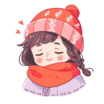 A cheerful girl in a colorful winter hat and a cozy scarf smiles softly, radiating warmth and joy while enjoying a snowy day in her adorable outfit.