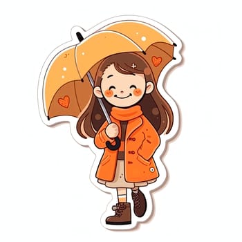 A cheerful girl sporting an orange coat and brown boots happily strolls under a bright umbrella, exuding joy on a rainy day in a playful cartoon style.