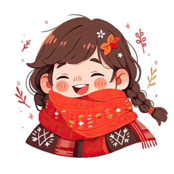A lovely cartoon girl beams with happiness, showcasing her cute braids adorned with a colorful bow. She wears a vibrant orange scarf, complemented by delicate floral elements around her.