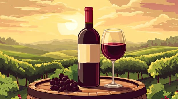 A tranquil vineyard at sunset showcases a bottle of wine next to a filled glass, accompanied by fresh grapes atop a weathered wooden barrel. The lush landscape adds to the ambiance.