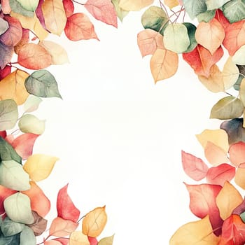 This artwork features an assortment of eucalyptus leaves in various autumn shades, gracefully framing a blank center. The soft watercolors blend beautifully, evoking a peaceful atmosphere.