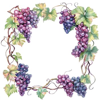 A vibrant illustration showcases curlicue grapes in shades of purple and green, surrounded by leafy vines, perfect for decorative or artistic purposes.