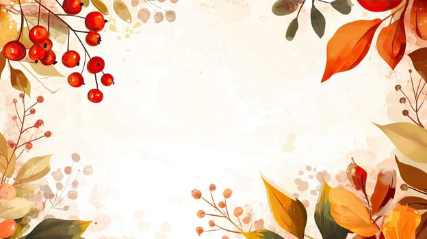 This artwork showcases a beautiful arrangement of autumn leaves and berries, creating a warm and inviting background ideal for seasonal greetings or events.