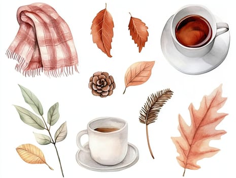 This artwork portrays a collection of autumn-themed elements, including colorful leaves, a warm scarf, and steaming cups, evoking feelings of coziness and seasonal change.