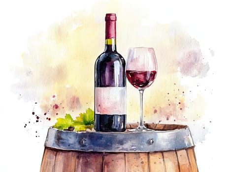 A beautifully arranged bottle of red wine sits on a rustic wooden barrel alongside a filled wine glass, accented by fresh grape leaves, creating a cozy atmosphere perfect for a gathering.