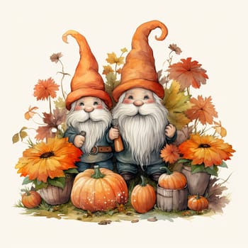 Two friendly gnomes, wearing tall orange hats, stand among vibrant pumpkins and blooming flowers, celebrating the joys of autumn in a colorful garden.