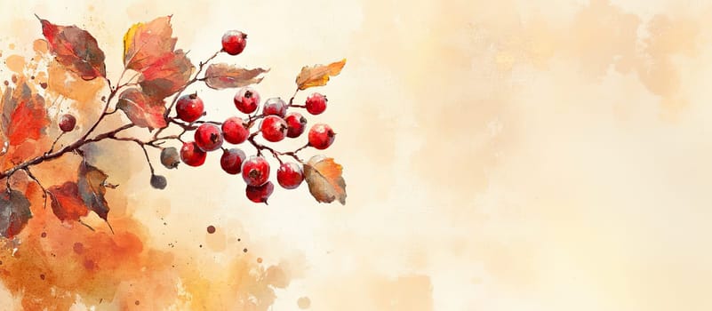 A branch adorned with vibrant red berries and rust-colored leaves rests against a soft, muted background, capturing the essence of autumn's beauty and seasonal change.
