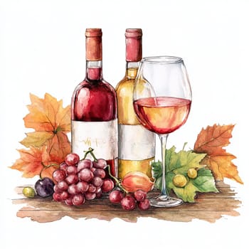 An arrangement of two wine bottles beside a glass filled with red wine, accompanied by fresh grapes and colorful autumn leaves on a rustic wooden table.