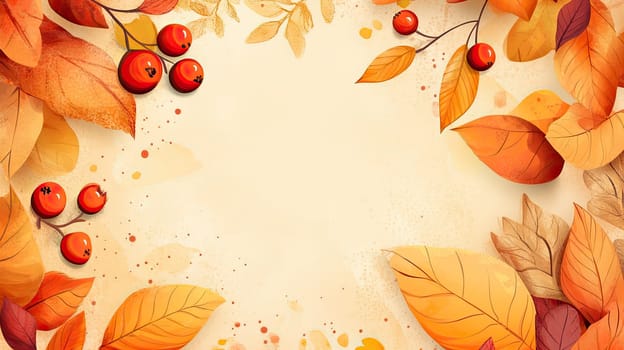 A decorative autumn-themed background showcases a blend of orange and red leaves accompanied by shiny berries, creating a warm and inviting ambiance suitable for seasonal designs.