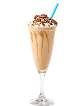 Turtle milkshake caramel pecan glass caramel pecans chocolate sauce. Drink isolated on transparent background.