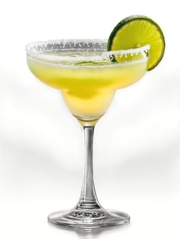 Margarita with slice of lime and salt on the rim in margarita glass. Drink isolated on transparent background.