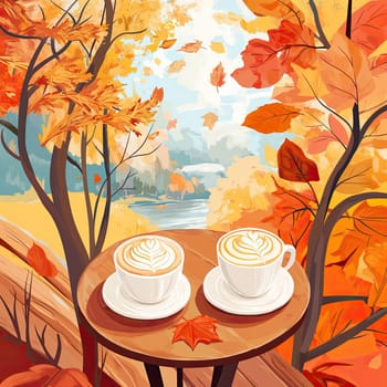 Two steaming cups of coffee sit on a wooden table, framed by brilliant autumn leaves. In the background, a tranquil lake reflects the colorful foliage.